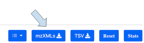 Buttons at the top of TraceBase search results with arrow pointing to the mzXMLs download button
