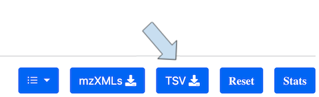 Buttons at the top of TraceBase search results with arrow pointing to the TSV download button